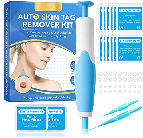 Skin Tag Removal Kit, Auto Skin Tag Remover Pen Kit for All Skin Types, Easy & Fast Remover Wart & Mole - 40 Bands & 10 Cleansing Wipes for Face & Body (1 Pen)