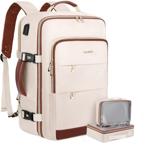 MOSISO 40 l reseryggsäck för kvinnor och män, flygsäker dagryggsäck med USB-laddningsport, 2 packkuber & skofack, 17,3 tums laptopryggsäck för kontorsarbete resetillbehör, beige