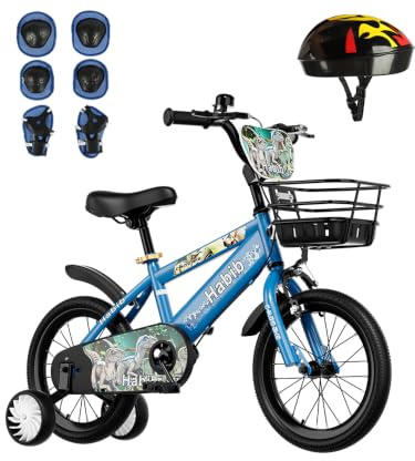 Habib Dino Kinderfahrrad Jungen 12 14 16 Zoll, Helm & 6-TLG. Schutzset | Größe nach Körpergröße: 12 Zoll 85–105, 14 Zoll 100–120, 16 Zoll 115–130 cm – Sattel ab 47 cm