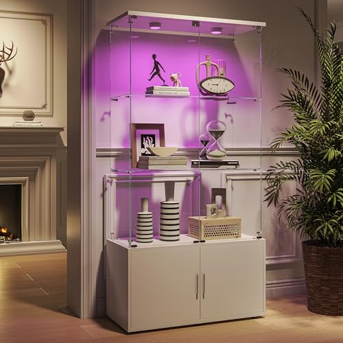Glasvitrine Standvitrine, Schrank für Sammlung mit LED, mit 4 Türen 3 Einlegeböden transparent Unterschrank aus Holz Möbel Vitrine Glas Vitrine Figur vitrine Wohnzimmer Bar (4Etagen,4Türen+LED-2,weiß)