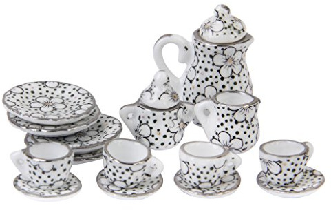 Juego de té de porcelana en miniatura para casa de muñecas a escala 1:12, 15 piezas, patrón de margaritas