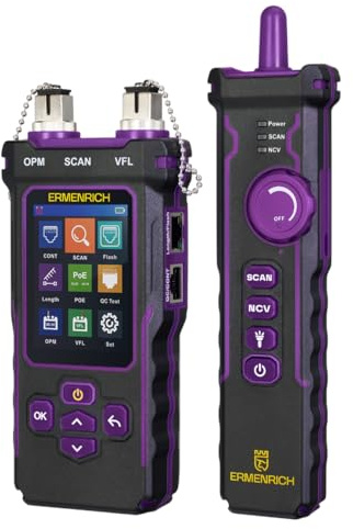 Ermenrich NetGeeks NP60 3-en-1 Tester Cables Red Medidor de Potencia Óptica Rastreador RJ45 RJ11 LAN PoE Flash VFL NCV Batería Recargable Soporte Type-C Violeta
