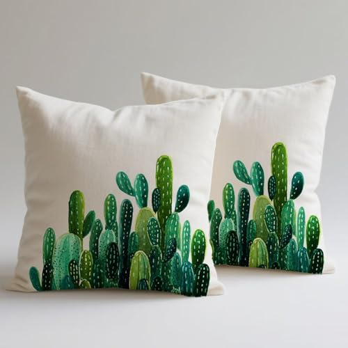 Set of 2 Velvet Cushion Covers 50×50 cm Decorative Throw Pillowcases, Double-Sided Printing for Lounge Outdoor Garden Decor Durable Fabric Breathable Cactus Plant 1 Square Hidden Zipper Gifts C0F-731