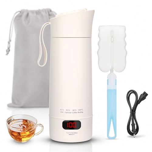 Lonsomu 400ML Mini Wasserkocher Klein, 300W 220V Elektrischer Reisewasserkocher, Schnellkoch-Heizbecher mit Temperatureinstellung, Reise Wasserkocher für Kaffee Tee, inkl. Bürste & Tasche