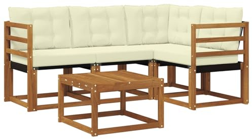 Qnhdfrt Set di mobili da giardino da 5 pezzi, in legno di acacia con textilene, moderno gruppo di sedute con cuscini per terrazza, giardino e balcone, colore naturale e crema