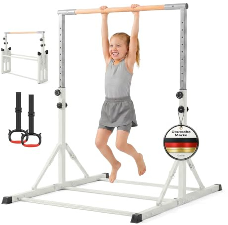 Parex Kinder Turnreck höhenverstellbar – Stabiles Indoor & Outdoor Gymnastikreck mit Turnringen, Reckstange aus echtem Buchenholz oder Metall, Turnstange für Kinder & Jugendliche, Belastbar bis 130kg