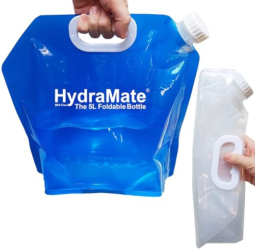 HydraMate Water Carrier Camping Bottle Collapsible. 2 x 5L BPA FREE Water Containers. Lightweight Foldable Portable Bags For Camping, Picnics & Festivals. Moulded Handle, Easy To Carry. 10L Total.