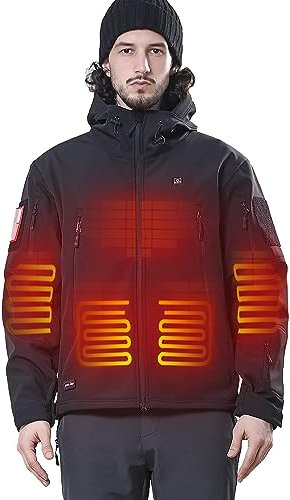 DEWBU Heated Jacket with 12V Battery Pack Winter Outdoor Soft Shell Electric Heating Coat, Men's Black, L