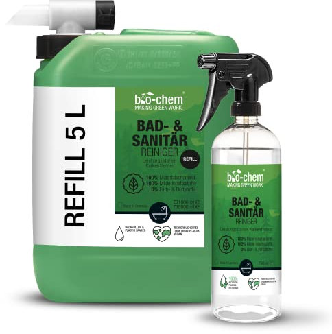 bio-chem Bad- und Sanitärreiniger - Sparset: 5,75 Liter: 5 Liter Kanister + 750 ml Sprühflasche + Ablasshahn - Badreiniger Spray, Kalkentferner mit Lotuseffekt für Bad, Dusche, WC, Spülbecken u.v.m.