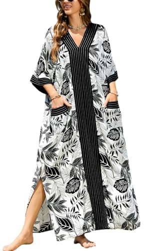 L-Peach Femme Été Coton Broderie Florale Longue Kaftan Maxi Robe Paréo de Plage pour Maillot de Bain