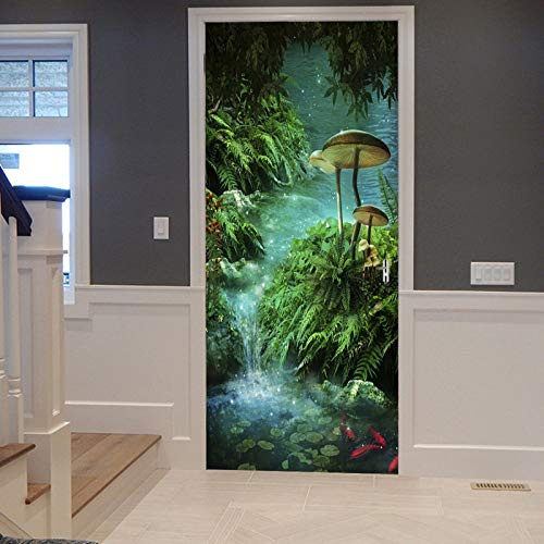 A.Monamour Türtapete Selbstklebend Türfolie Türposter 3D Die Tropische Pflanze Teich Flusses Hinterlässt Pilz Fisch Moos Regenwald Vinyl Folie Türdeko Tapete Wandbild Türaufkleber Türtattoo 77 x 200cm