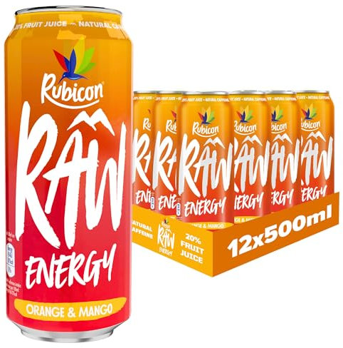 Rubicon RAW 12 Pack Orange & Mango 500ml Energy Drink, 20% Real Fruit Juice, High caffeine with B-Vitamins, Ginseng & Guarana, No Artificial Colours or Flavours, Reduce Tiredness & Boost Energy