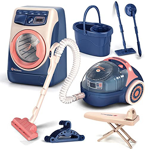 Mini Cleaning Toy Set for Kids, Pretend Household Tool Toy Set with Mop, Washing Machine, Vacuum Cleaner, Ironing Machine Role Play Cleaning Household Set Learning Educational Toy for Kids Boys Girls