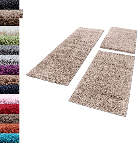 Carpettex Bettumrandung Schlafzimmer 3teilig Shaggy Teppich Hochflor Einfarbig Beige Bettset:2 mal 60x110 + 1 mal 80x150 - Bettvorleger Schlafzimmer Läuferset Weicher Flauschig Bettumrandung Teppich