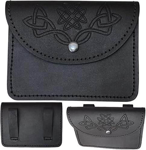 Black Kilt Belt Pouch with Celtic Embossed 100% Real Leather Sporran/Pouch Celtic Design Button Enclosure Back Side Two Loop for Kilt Belt Easy Fitting