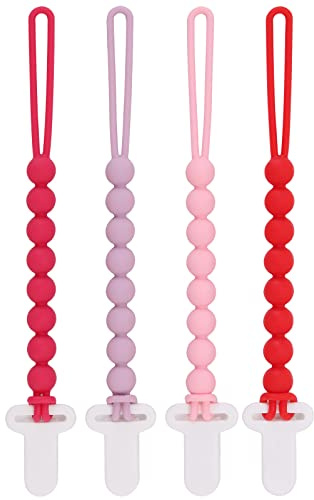 4-Pack Silicone Pacifier Clips with One-Piece Beads for Baby Boys and Girls - Flexible and Rust-Free Holders for Teething Relief and Baby Essentials, Safe for Newborns (Pink)