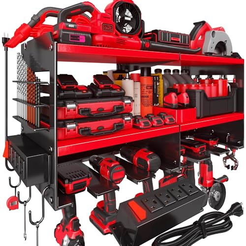 Spampur Fathers Day Gift – Power Tool Organizer Wall Mount with Charging Station, 420 lb Capacity 3-Tier Storage Rack Holds 6 Drills, Side Slots for Screwdrivers & Bits, Garage Storage for Men Gifts | Max 420lb Load by Heavy Duty Metal, 6 Slots for Cordless Drill with 4 Outlet Power Strip, Garage Storage for Men Gifts