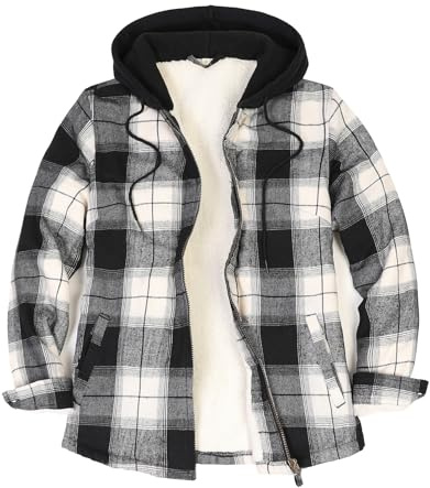 ZENTHACE Veste chemise à capuche en flanelle doublée Sherpa avec fermeture éclair intégrale pour l'automne et l'hiver | Veste à carreaux avec capuche en polaire, capuche zippée intégrale, cordon de serrage réglable, légère par temps froid