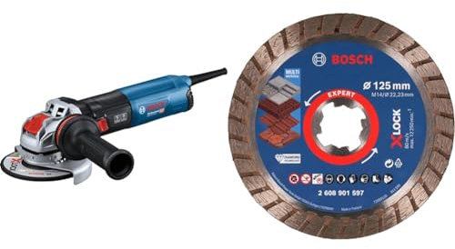 Bosch Professional Winkelschleifer GWX 14-125 S + 1x EXPERT MultiMaterial X-LOCK Diamanttrennscheibe (für Beton, Ziegelsteine, Weichgestein, Dachziegeln, Ø125x22,23 mm)
