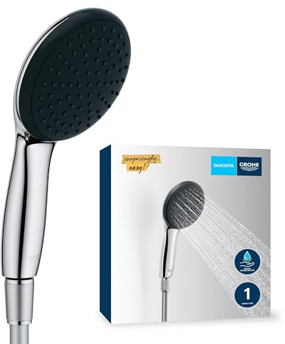 GROHE Vitalio 110, Duschkopf mit Schlauch, wassersparend, 8l pro Min (Handbrause 1 Strahlart, Universalanschluss, Silikonring schützt bei Stürzen, Duschbrause mit Duschschlauch 1,5m), chrom, 26720001