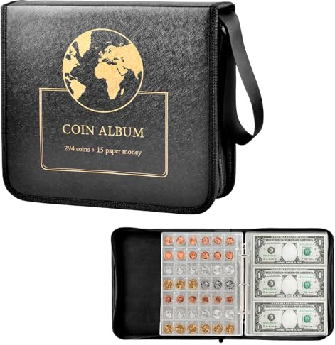 294 Pockets Coin Collection Album & Paper Money Holder Book, Coins Collecting Supplies Case & 15 Currency Sleeves Organizer Collectors, Display Storage for Silver Dollar Bill Quarters Penny Stamp