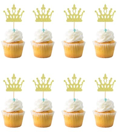 Arthsdite 24 Pcs Princess Crown Cupcake Toppers Princess Cake Pick Decorations for Wedding Girl Birthday Baby Shower Party Decorations - Gold Glitter