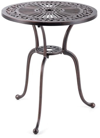 GOPLUS Sidobord rund, Ø 61 cm trädgårdsbord av gjuten aluminium med 5 cm paraplyhål, balkongbord, väderbeständigt, bistrobord, kaffebord, terrassbord, matbord, utomhus för balkong, trädgård, terrass