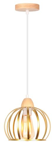 iDEGU Industrie Pendelleuchte, 1-flammig Vintage Hängelampe aus Holz und Eisen Käfig Design 20cm Lampenschirm E27 Hängeleuchte für Schlafzimmer Wohnzimmer Küche Esstisch Flur Restaurant (Gold)