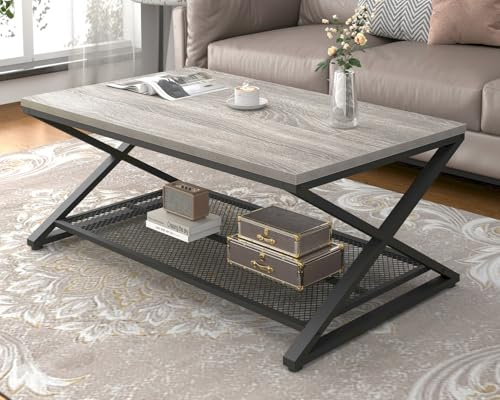 LVB Coffee Table for Living Room Coffee Tables With Storage 100cm Grey | 2 Tier Industrial Wood Metal Center Living Room Shelf, Farmhouse Low Rectangle Cocktail Tea Table for Home Office Bedroom