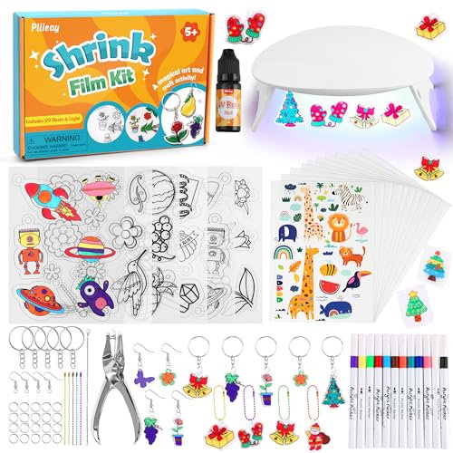 Pllieay Shrink Plastic Kit Include 15 Shrink Plastic Sheets A5,UV Resin Light with UV Resin, Acrylic Pen, Shrinkles Keychains Making Kit for Kids Craft and Art DIY Ornaments or Creative Craft