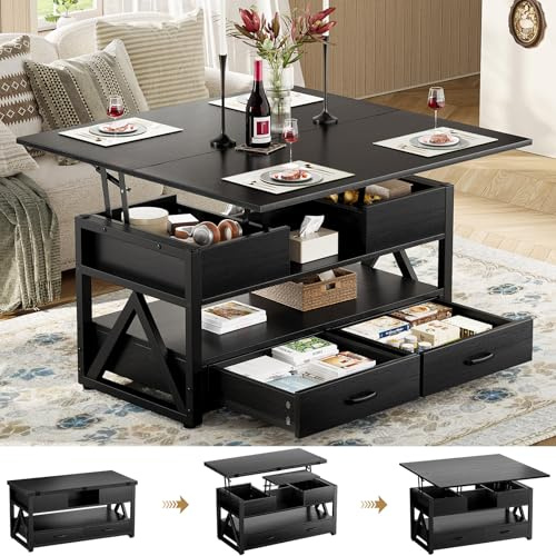 Memobarco 40 Lift Top Coffee Table,4 in 1 Multi-Function Lift Coffee Tables with Storage Drawers and Hidden Compartmen,Farmhouse Coffee Table with Lifting top for Living Room,Black