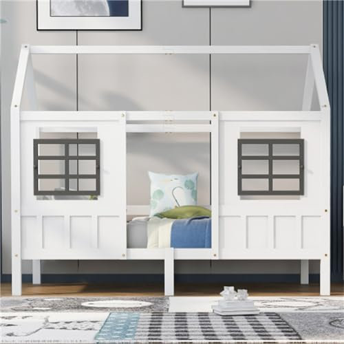 Kinderbett Mit 2 Fenstern Und Sicherheitsgeländer, Multifunktionales Hausbett Mit Lattenrost Und Untergestell, 90x200 cm, Für Jugend- Und Kinderzimmer