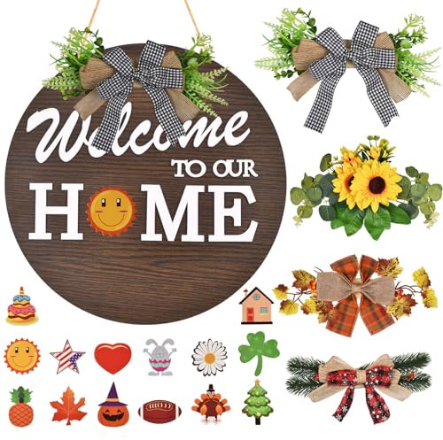 Cartello di benvenuto per porta di casa, targhetta di benvenuto intercambiabile con 4 ghirlande stagionali e 14 simboli personalizzabili, targa in legno rustico con scritta Welcome Home, decorazioni