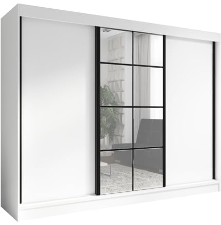 A&J MöbelLand Schwebetürenschrank ORAVELLE Kleiderschrank 3-türig mit Schubladen und Spiegel Garderobenschrank 200 cm (Weiß)