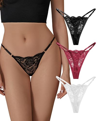 SHARICCA Spitze String Tanga Damen—Hipster Sexy Unterwäsche Niedrige Taille mit Verstellbarem Taillenband Slip String Set Atmungsaktiv T-Back Thong Mehrpack(Mehrfarbig-3P02-M)