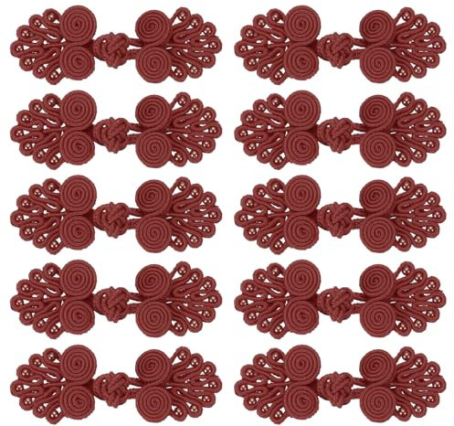 QUARKZMAN 10 Paare chinesische Knoten Frosch Knöpfe Verschluss Dunkelrot Nähen Knöpfe Verschlüsse mit Perlen für DIY Nähen Mäntel Umhang Pullover Braut Kostüm Outfit, 0,98x2,36 Zoll