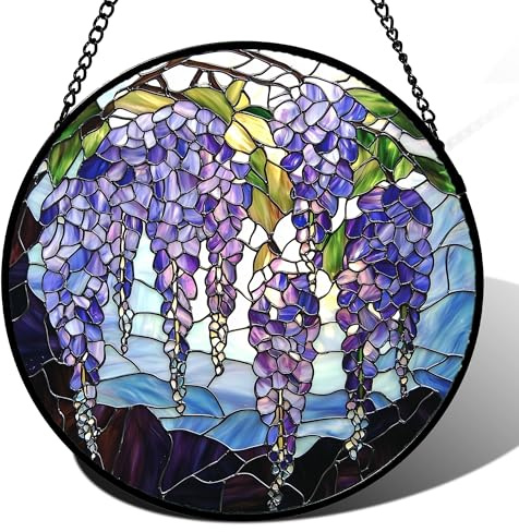 AMDERVEN Stained Glass Window Hanging, Wisteria Flower Sun Catcher for Door Home Decor Purple and Blue Suncatcher Christmas Mother's Day Birthday Gifts for Women Men Mom and Nana 7.8 in