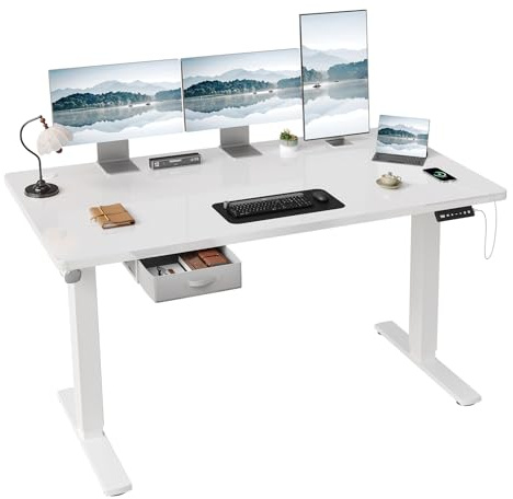 JUMMICO Höhenverstellbarer Elektrischer Stehtisch 160 x 80 cm mit Schublade und Haken – Höhenverstellbarer Sitz-Steh-Tisch mit Stabilem Stahlrahmen, Breiter Stehtisch für das Homeoffice, Weiß