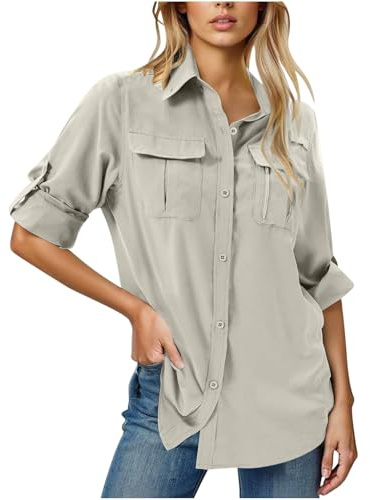 PODOLIXIA Camisa de Manga Larga para Mujer Safari Ropa de Ocio para Mujer Secado Rápido Casual UPF50+ Protección UV Camisa Funcional para Exteriores Camiseta de Senderismo para Pesca Safari Viajes