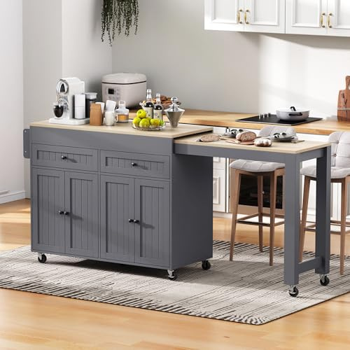Rosebibi Isla de cocina con ruedas con zona de comedor extensible, encimera y cajones, ideal para cocina y comedor (gris+natural)