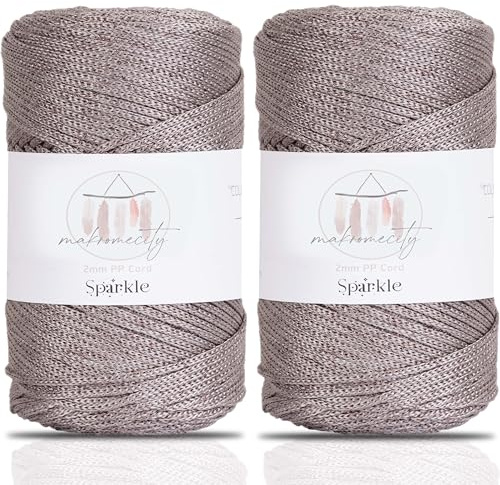 Makromecity makramégarn 2 mm x 230 m premium polyester makramérep polypropylen garn för hantverk heminredning platsplatta axelväska handväska löpare (glitter mink, 2 trådar)