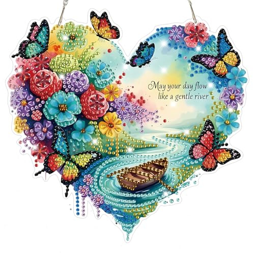 Lxmsja Heart-Shaped Flower Diamond Art Hanging Kits for Adults, Diamond Art Suncatchers Butterfly, 5D Special Shape Diamond Painting Pendant Window Ornament Gifts for Home Wall Garden Decor