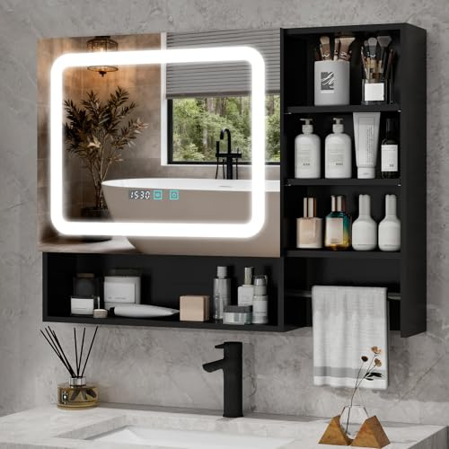 YU YUSING Specchio Contenitore Bagno con Luce, Mobile Bagno con Specchio a LED 80x14x60 cm, Armadietto Bagno Sospeso con Portasciugamani, 3 Modalità di Luce, 3 Ripiani Regolabili, Nero