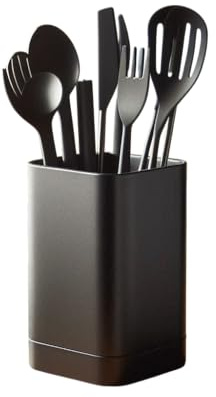 Square Kitchen Utensil Holder, Modern Design, 11.5cm x 11.5cm x 19cm (Black)