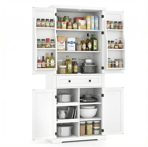 COSTWAY Armoire Cuisine Rangement 184 cm, Buffet Cuisine Haut avec Grand Tiroir, 6 Étagères sur Portes, 2 Plateaux Coulissants, 6 Compartiments,Vaisselier, pour Salle à Manger, Salon (Blanc)