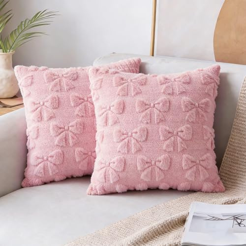 Qaziuy 2 Stück Schleife Kissenbezug 45x45 cm, Deko Kissen Rosa Schleifen Kissen Plüschige Aesthetic Kissenhülle für Sofa Couch Bett Deko, Geburtstagsgeschenk