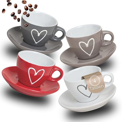 Espresso-Tassen 4er Set Herzdekor - dickwandige 50 ml Steingut Mokka Henkel Kaffee-Tassen mit Untertassen