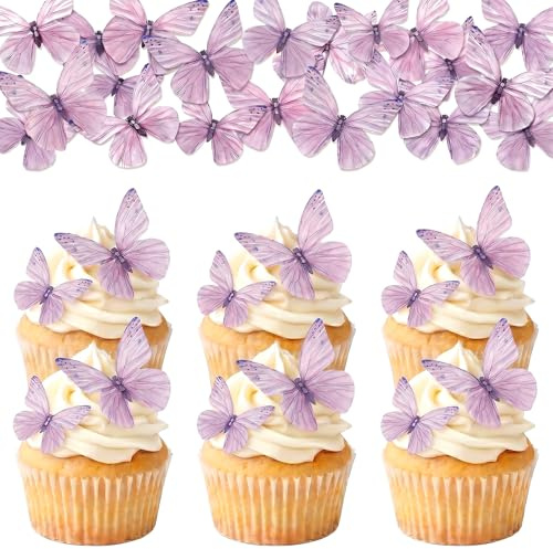 72Pcs Edible Butterfly Cake Decorations Cupcake Decorations Edible Butterflies Cake Decorations Butterfly Cupcake Toppers Girls Wafer Paper Purple Cake Decorations for Girls Women Birthday Anniversary
