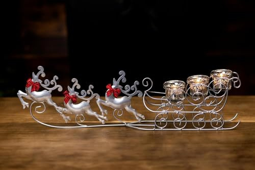 HomeZone Christmas Reindeer Votive Tealight Candle Holder - Rustic Metal Reindeer and 4x Glass Tealight Candle Holder - Festive Gift Xmas Table Centrepiece Rudolf Candle Light (Silver Reindeer Candle)