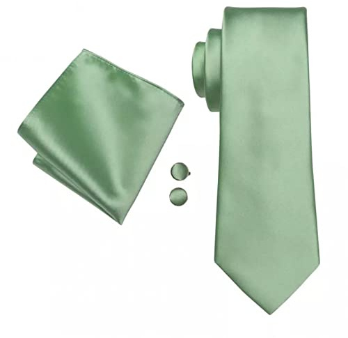 BAJIE Cravate Homme Vert Sauge Soie Solide Homme Cravate De Mariage Boutons De Manchette Homme Cravate Costume Fête d'affaires, L